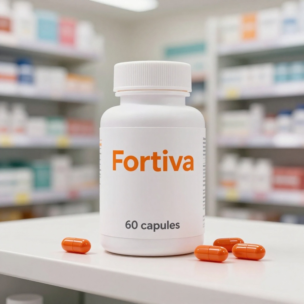 Fortiva - supliment natural în capsule pentru îmbunătățirea circulației sanguine, ambalaj elegant cu design modern pe fundal neutru